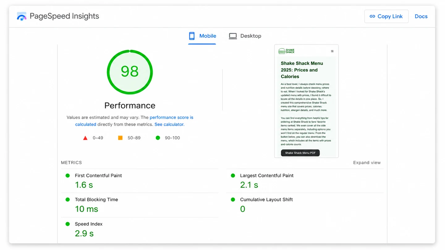 PageSpeed Insights mobile score of 98 out of 100.